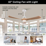 XBIBI 52 Inch Ceiling Fans with Lights and Remote,Memory Function,6-speed Reversible DC Motor,3 ABS Blades,Modern Indoor Outdoor Ceiling Fan with Light for Bedroom Patios Living Room Dinning Room XBIBI
