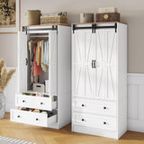 Maupvit Farmhouse Armoire with 2 Folding Sliding Barn Doors and Drawers 70.9" Tall Wooden Bedroom Wardrobe Closet with Spacious Storage Cabinet with Hanging Rod for Bedroom, White Maupvit