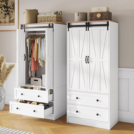 Maupvit Farmhouse Armoire with 2 Folding Sliding Barn Doors and Drawers 70.9" Tall Wooden Bedroom Wardrobe Closet with Spacious Storage Cabinet with Hanging Rod for Bedroom, White Maupvit
