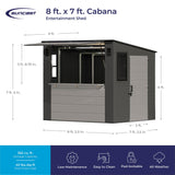 Suncast 8' x 7' Cabana Entertainment Storage Shed, All-Weather Outdoor Backyard Shelter with 2 Windows and Fold-Down Bar Top, Gray Suncast
