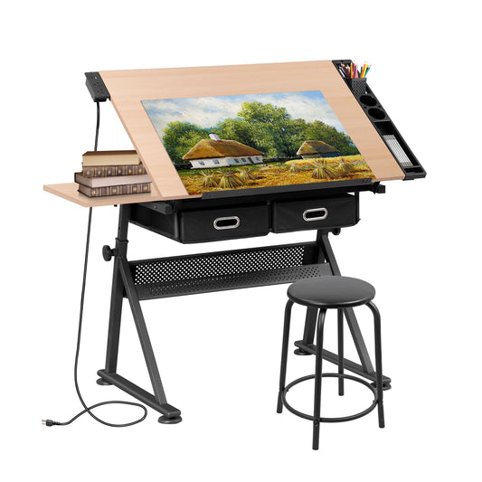 SUPER DEAL Adjustable Drafting Table Set with Charging Station, Tilting Drawing Desk Artist Desk with Stool Multifunctional Art Craft Workstation with 2 Storage Drawers for Home Office School