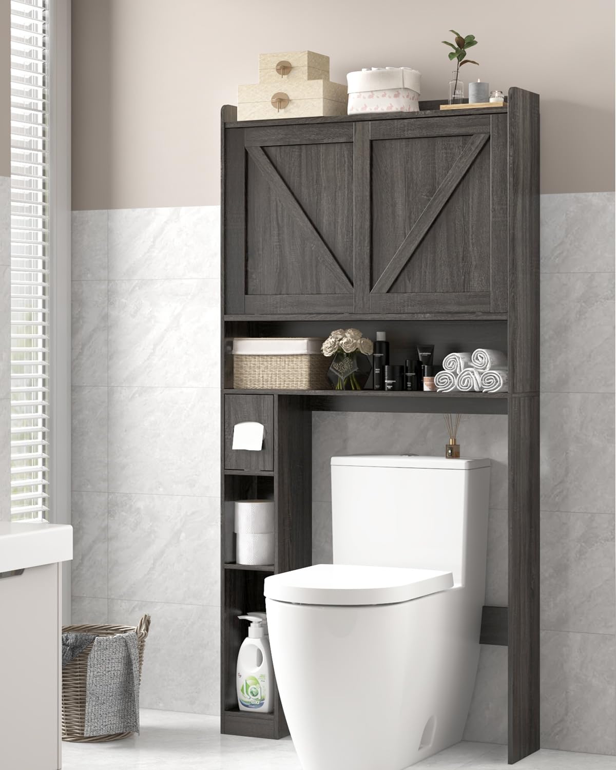 LINLUX Over The Toilet Storage Cabinet with 2 Sliding Barn Doors, Farmhouse Storage Cabinet Over Toilet with Paper Holder Stand, Home Space-Saving Toilet Rack for Bathroom, Laundry, Grey