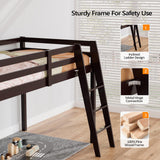 Bonnlo Twin Low Loft Bed with Inclined Stairs and High Guard Rail - Espresso Solid Wood Design Bonnlo