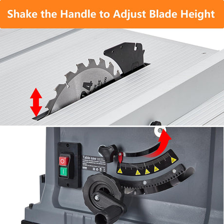 Table Saw, Towallmark 10 Inch 15A Multifunctional Saw with Stand & Push Stick, 90° Cross Cut & 0-45° Bevel Cut, 5000RPM, Adjustable Blade Height for Woodworking, Grey Towallmark
