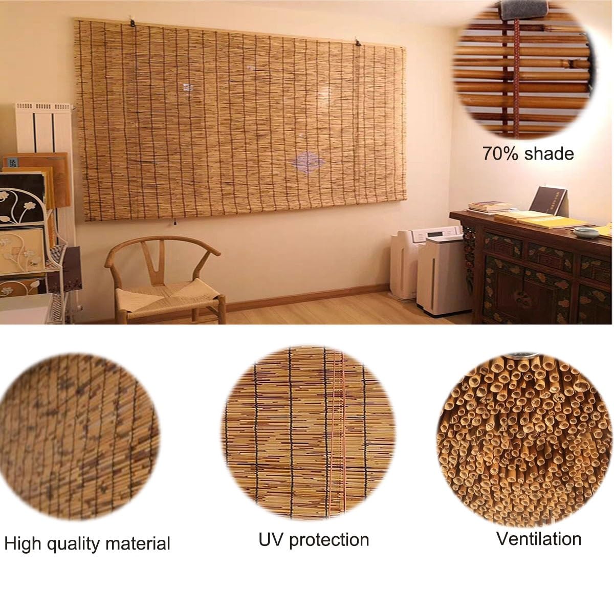 Blackout Cordless Bamboo Roller Blind, Breathable Bamboo Roll Up Roman Shades for Windows, 23" 29" 31" 33" 37" 41" 43" 47" 49" 51" 53" 55" 61" 73" Wide, Retro Bamboo Privacy Curtain for Outdoor Patio ZXBMYLV