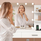 FIONESO Vanity Desk, Makeup Vanity Desk with Mirror & Lights, Vanity Desk with 2 Drawers & 6 Storage Shelves, Dressing Table with Power Outlet, for Women Girls, Bedroom, White FIONESO