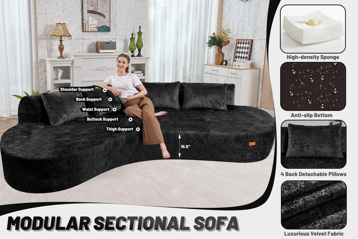 HABUTWAY 104'' Modular Sectional Sofa with Memory Foam Filled, Modern Curved Sofa Deep Seat Cloud Couch with 4 Pillows, No Assembly Required, Oversized Couches for Living Room Apartment Office, Black HABUTWAY