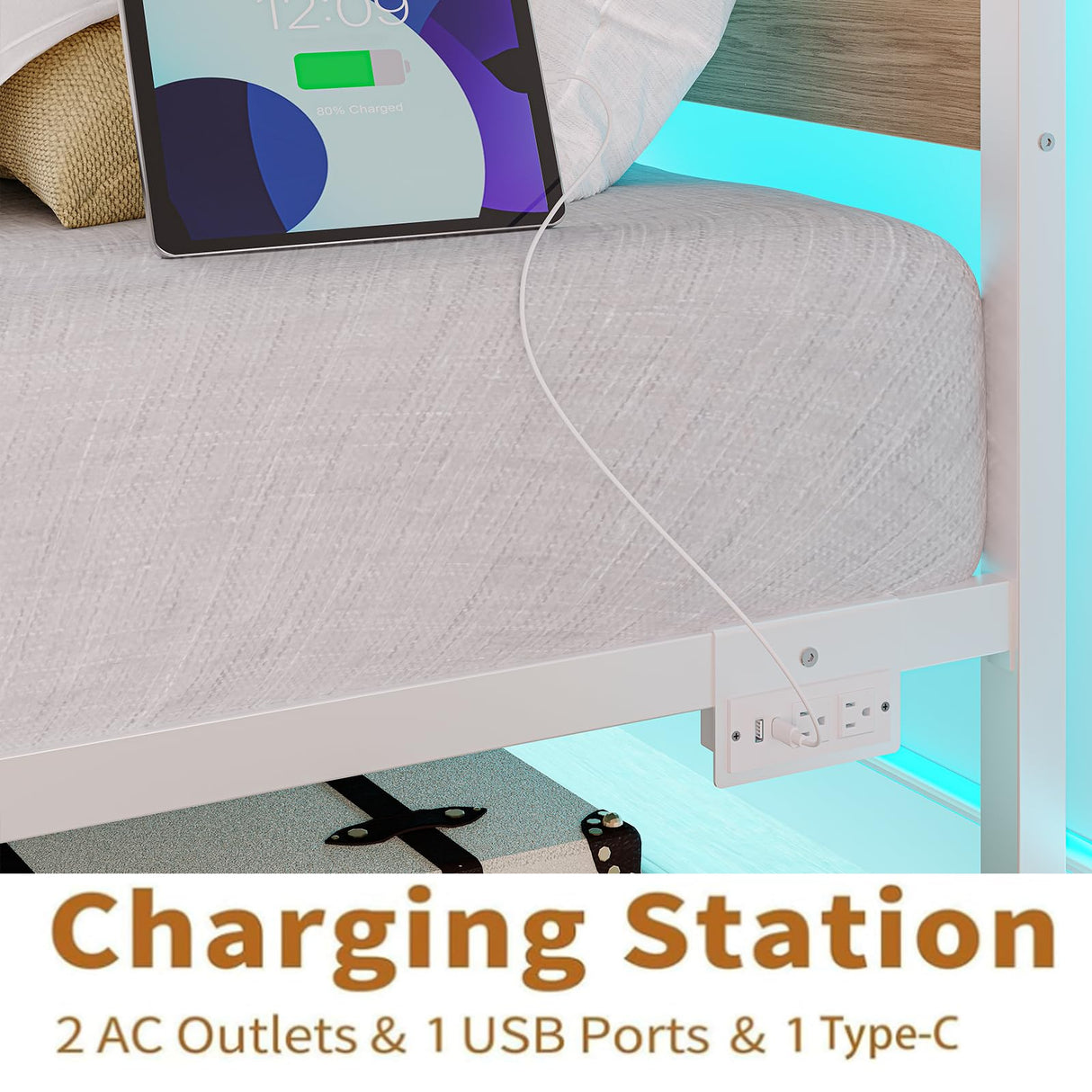 PUNICE Twin Size Bed Frame with Charging Station, LED Light Metal Bed Frame with Wooden Headboard, No Box Spring Required, No Noise, Easy Assembly, White PUNICE