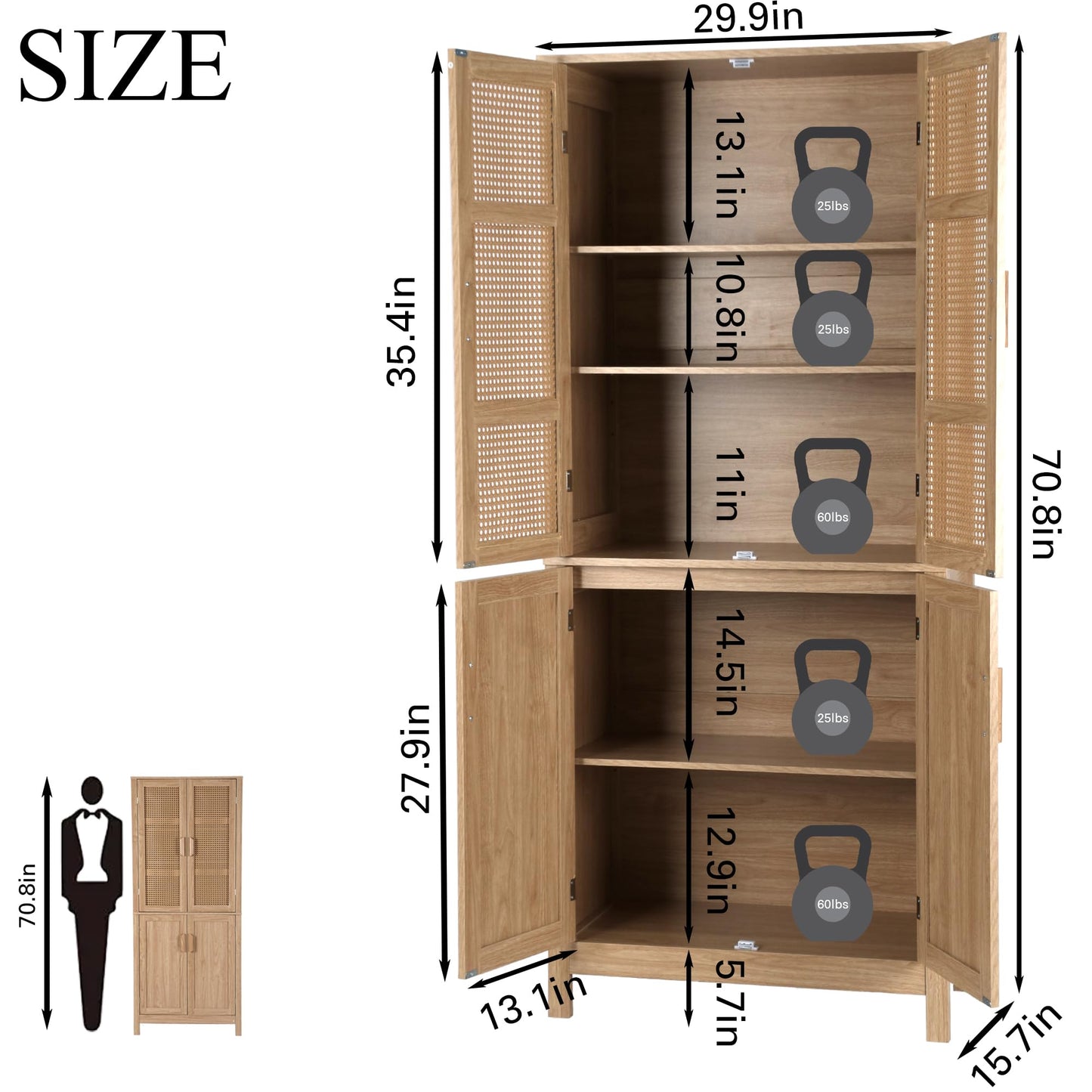 MISHAO 71" Kitchen Pantry Storage Cabinet, Tall Storage Cabinet with Rattan Doors & Adjustable Shelves, Freestanding Cupboard Wood Pantry for Kitchen, Living Room, Dining Room Hallway, Natura - WoodArtSupply