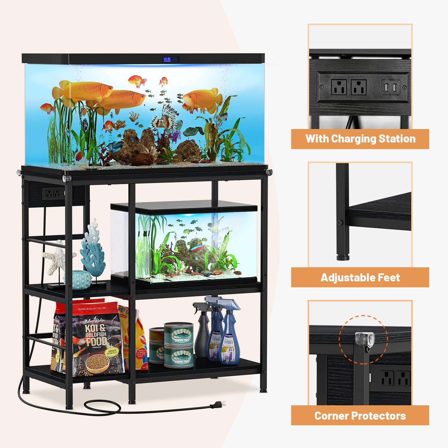 Snughome Fish Tank Stand with Charging Station, 10-29 Gallon Aquarium Stands 3-Tier, Adjustable Fish Tank Shelf for Home Heavy Duty Metal 33.07" x 16.53" x 32.67", Black - WoodArtSupply