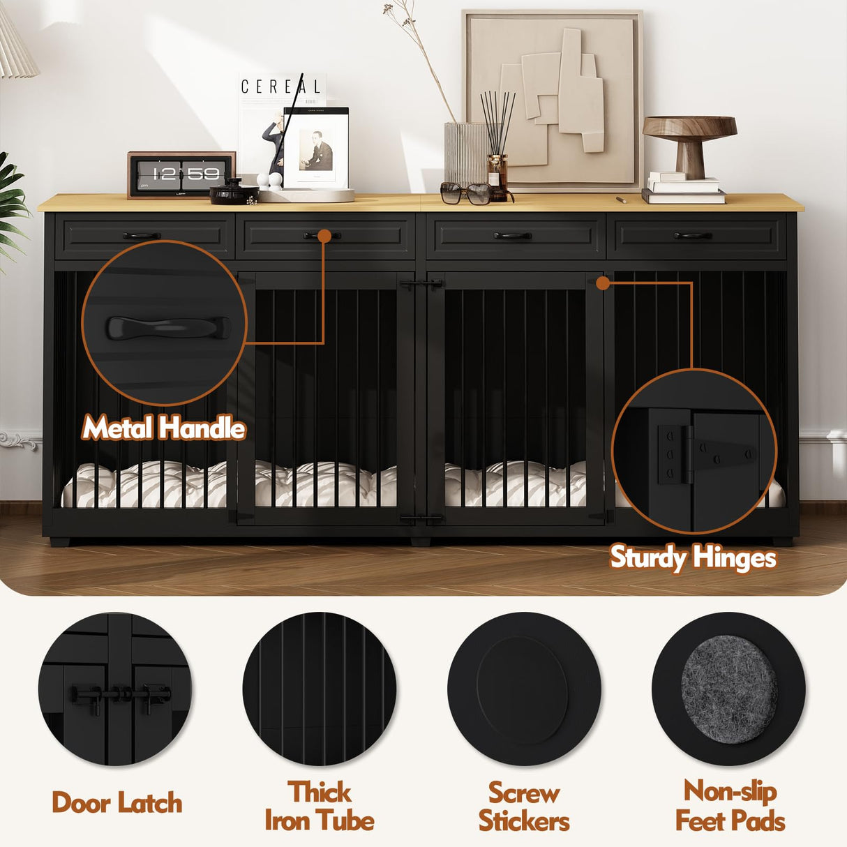 PIAOMTIEE 86.6" Large Double Dog Crate Furniture, XXL Wooden Dog Crate Kennel Furniture with Divider and 4 Drawers, Dog Crates Furniture for 2 Large Dogs Indoor, Black PIAOMTIEE