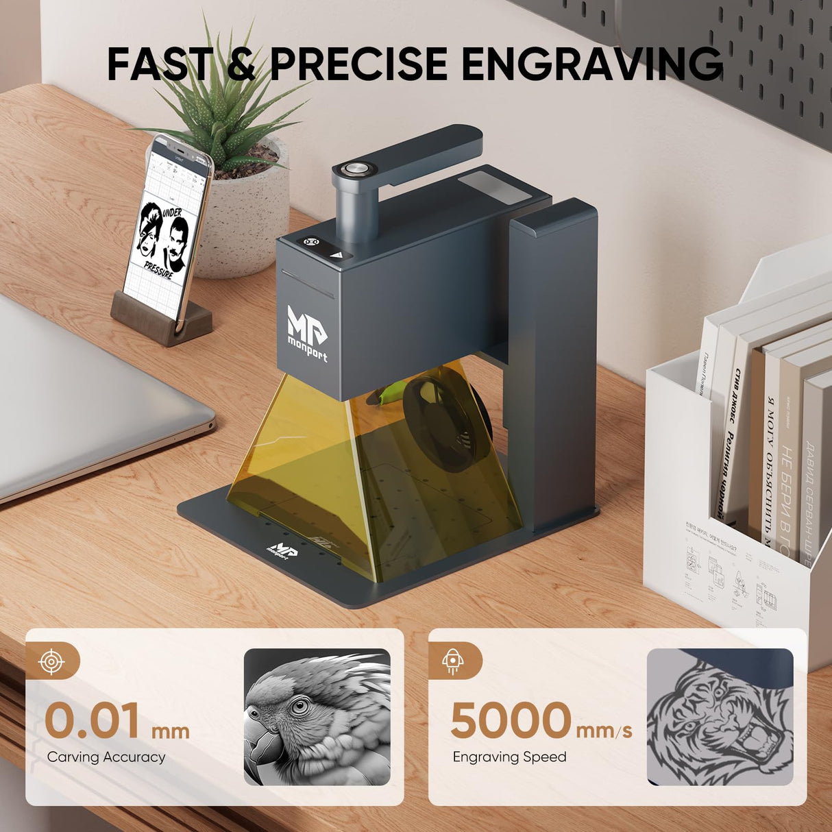 Monport 6W Laser Engraver,Portable Handheld Laser Engraving Machine,0.01mm High Precision 5000mm/s High Speed Laser Marking Machine for Wood,Leather,Cardboard,Kraft,Aluminum,Stainless Steel etc. Monport