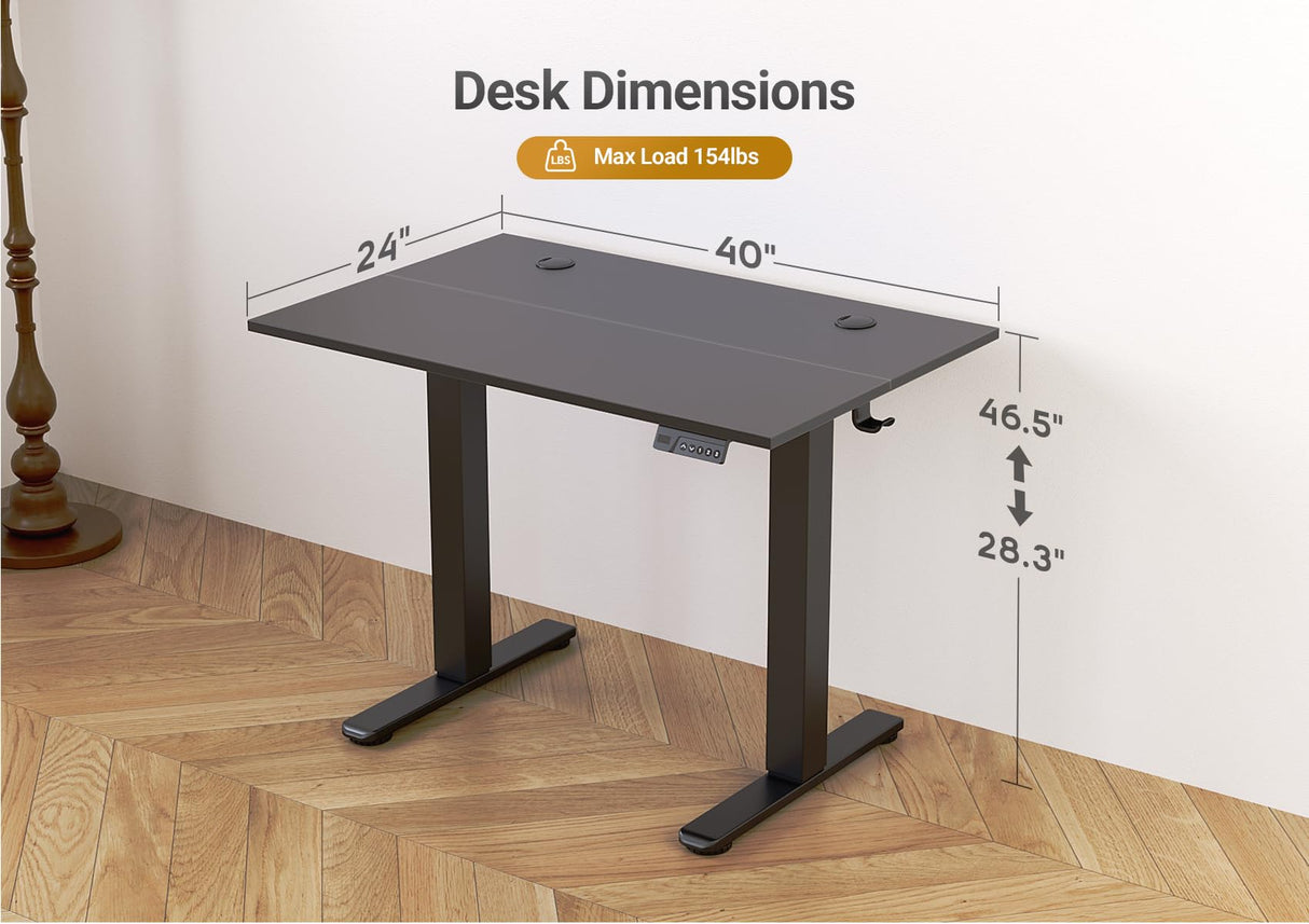 Seang Electric Standing Desk Adjustable Height, 40 x 24 Inch Sit Stand Desk with T-Shaped Frame, 3 Memory Presets & Cable Management for Home Office Computer Workstation, Black Frame/Black Top Seang