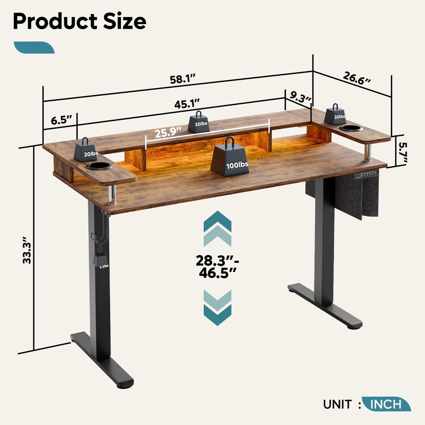 Bestier LED Electric Standing Desk Adjustable Height, 58x26 Inch Large Sit Stand Desk with Monitor Stand, Ergonomic Rising Desk for Home Office Workstation, Headphone Hook Storage Bag Brown