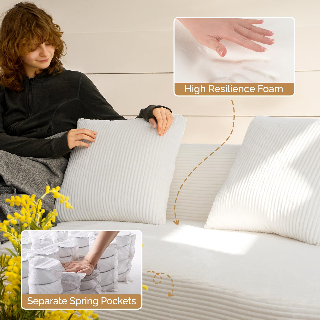 Luxanimarion Modern Style Curved Sofa, Upholstery Corduroy Sofa Couch with 3 Pillows, Oversized Sleek Curved Sectional Boucle Fabric Couch for Living Room White Luxanimarion