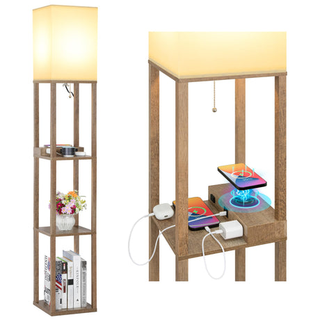 Mlambert Modern Shelf Floor Lamp with Wireless Charger & Fast Charging USB Ports & Type C Port & 2 Power Outlets,3 Tier Storage Lamp for Bedroom(Wood) Mlambert