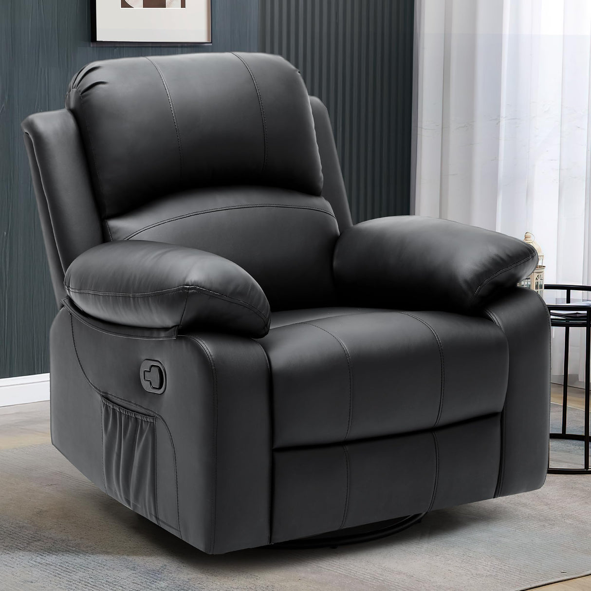 YITAHOME Rocker Recliner Chair with Heat & Massage, Faux Leather Recliner with Overstuffed Armrest, 360° Swivel, Manual Reclining, Rocking Function & Side Pocket for Living Room,Black1 YITAHOME