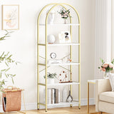 IDEALHOUSE Bookshelf 5 Tier Bookcase Arched Display Racks Tall Standing Bookshelves Metal Frame Modern Storage Rack Shelf Large Wood Book Shelf for Bedroom, Living Room, Home Office, White/Gold IDEALHOUSE