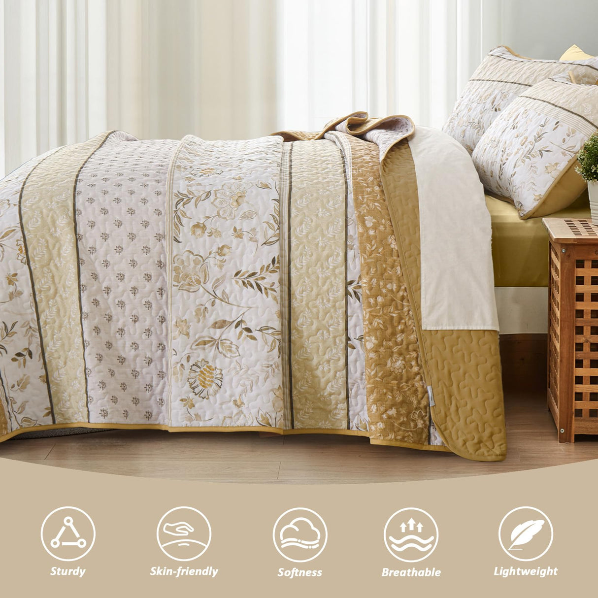 WONGS BEDDING Boho Floral Quilt Set King Size, Brown Patchwork Quilt Bedspread with Flower Botanical Leaves Printed, 3 Pieces Farmhouse Bedding Set for All Season(104"x90") WONGS BEDDING