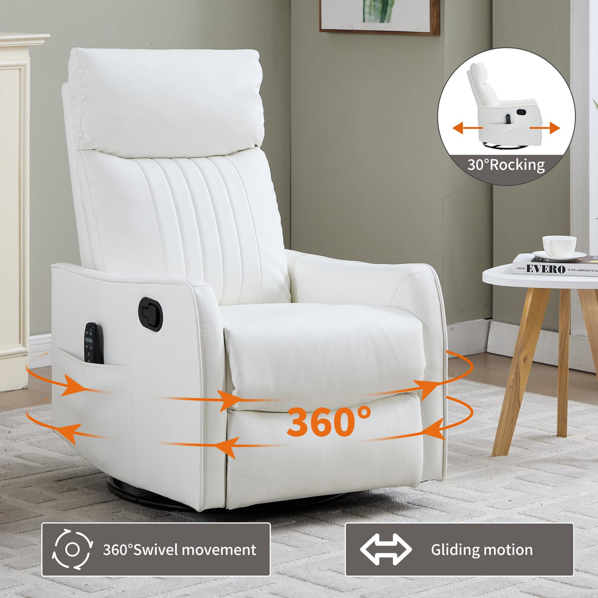 PELUMY Recliner Chair Swivel Rocking with Heat Massage - 360° Manual Recliner, 8-Point Vibrating & Lumbar Heat, Easy Assembly Chair for Living Room (Breathable Leather, White) PELUMY