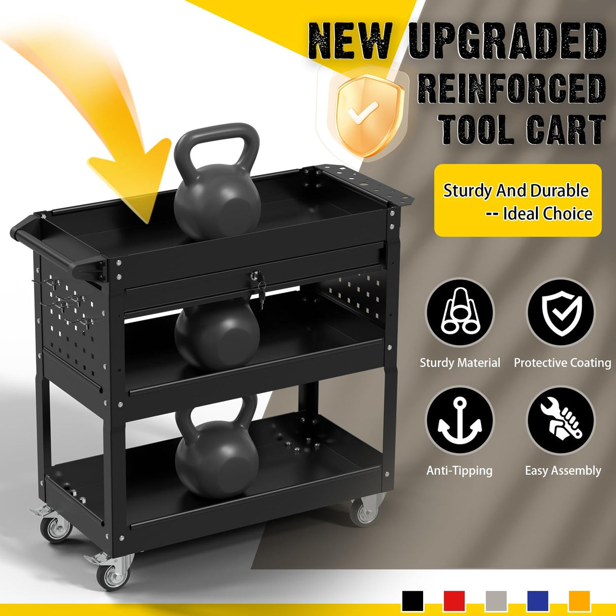 3 Tier Tool Cart on Wheels, Industrial Heavy Duty Rolling Tool Cart with Drawers, 500 LBS Capacity Utility Cart with Hooks and Locking System for Home, Garage, Warehouse, Workshop (Black) Xalvora