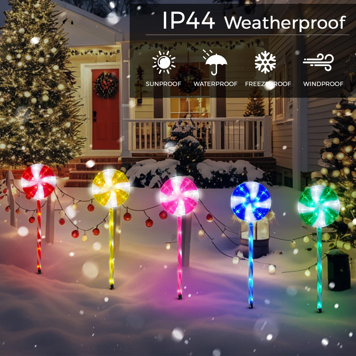 Outdoor Christmas Decorations Solar Pathway Lights, Set of 5 Lollipops Peppermint Stake Lights, 8 Modes Candy Cane Walkside Lights, Outdoor Xmas Decoration for Walkway,Yard ILLUMINEW