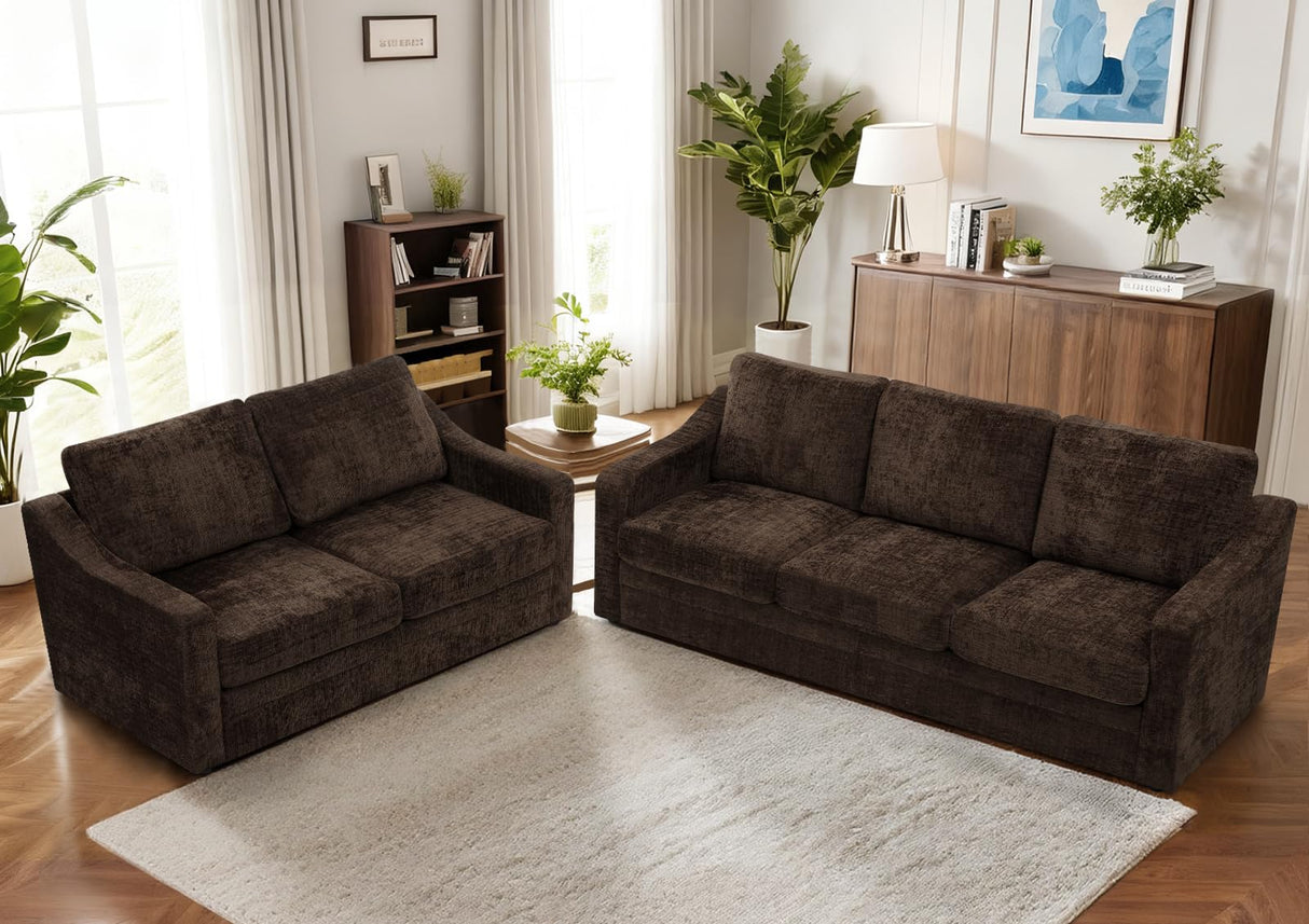 ACMEASE 2 Pieces Chenille Sofa Sets w/Comfortable Back Cushions, Modern Loveseat & Sofa w/Deep Seat Space, Upholstered 2 Seat & 3 Seats Couch Sets w/High Resiliency Foam for Living Room, Office Brown ACMEASE