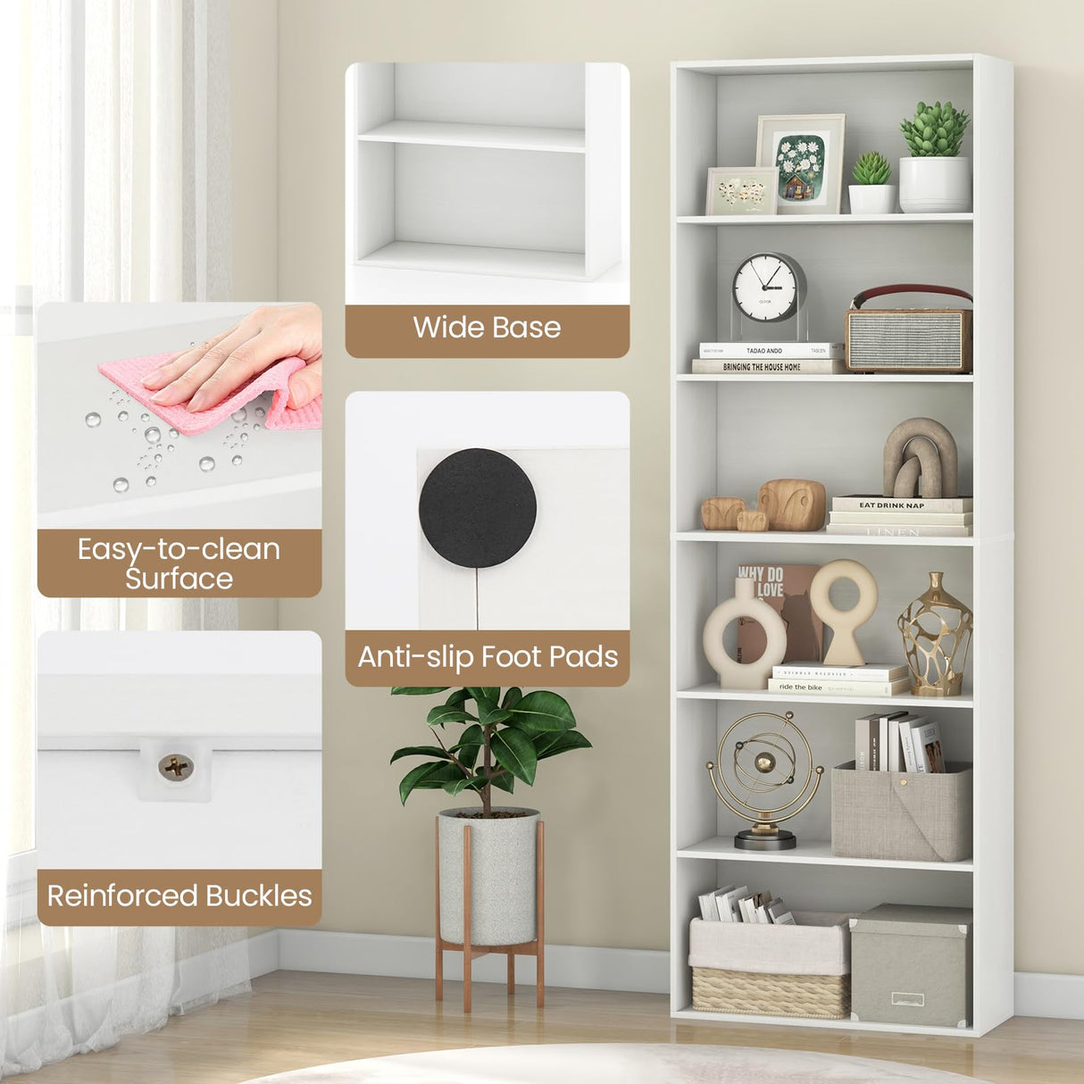 Giantex 6-Tier Bookcase, 70" Tall Wooden Bookshelf, Freestanding Storage Organizer w/Open Shelves, Anti-Tipping Kits, Modern Floor Standing Display Shelves for Living Room, Bedroom (1,White) Giantex