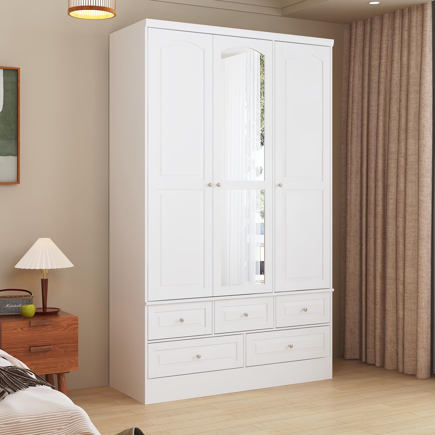 Homsee 3 Doors Armoire Wardrobe Closet with Mirror, Hanging Rod& 5 Drawers, Bedroom Armoires Cabinet with 4 Tier Adjustable Shelves, White (47.8”W x 19.7”D x 78.7”H) - WoodArtSupply