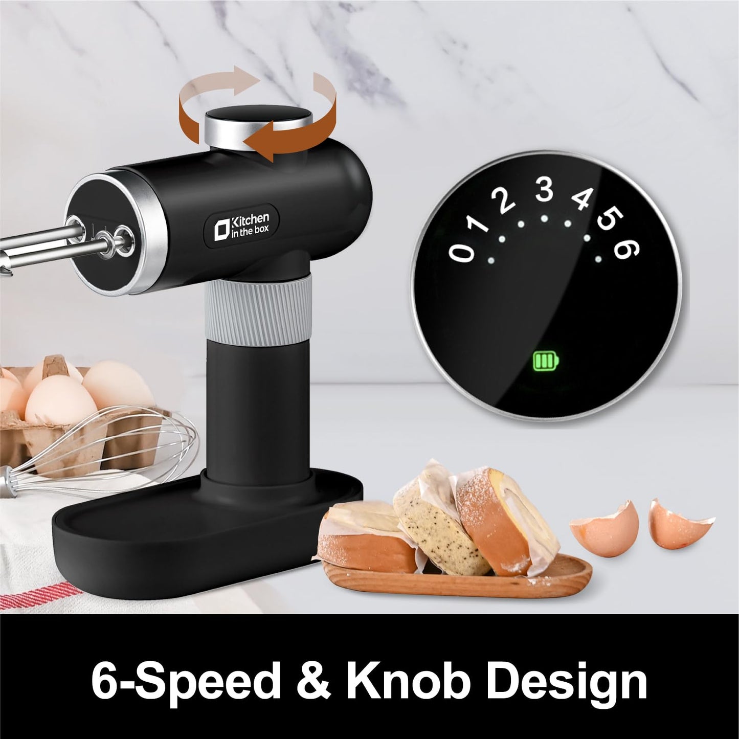 Kitchen in the box Cordless Rechargeable Handheld Mixer for Kitchen, Portable Electric Kitchen Mixer with Beaters, Whisks, 6-Speed Digital Display, Charging Base and USB-C Charge Cable (Classic Black)