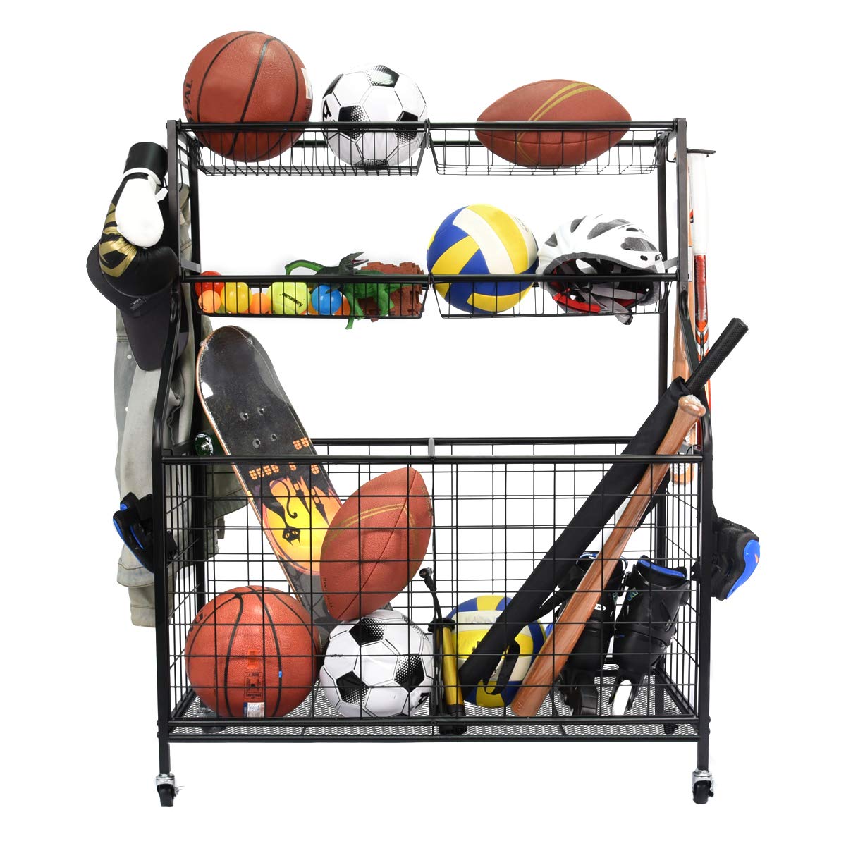 Kinghouse Garage Sports Equipment Organizer, Ball Storage Rack, Ball Storage Garage, Garage Organizer, Rolling Sports Ball Storage Cart, Black, Steel - WoodArtSupply