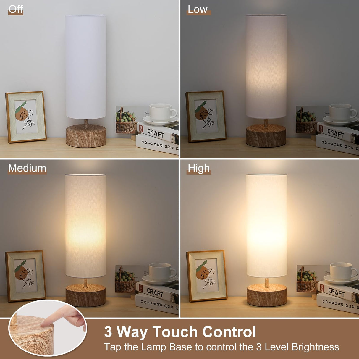 Bedside Table Lamp, 3 Way Touch Control Table Lamp with Wood Grain Base, Dimmable Nightstand Lamp with White Shade, Simple Night Light for Bedroom Living Room Home Office, LED Bulb Included Seaside village