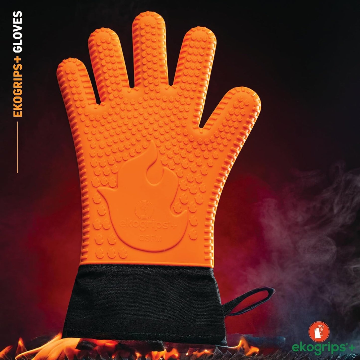 Ekogrips+ Oven Gloves with Fingers, Comfy Waterproof Heat Resistant Cooking Gloves -Long Cuff and Good Dexterity, Silicone Oven Mitts, Insulated BBQ Gloves, Outdoor Grill Gloves, Orange, OSFM