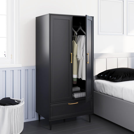 ALBSL Bedroom Armoire Wardrobe Closet with Hanging Rod,60" 2 Door Almirah for Clothes with Drawers,Morden Storage Cabinet,Black ALBSL