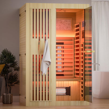 MEISSALIVVE Full Spectrum Sauna for Home,1~2 Person Indoor Infrared Sauna Room with 10 Minutes Warm-up Heate,Canadian Hemlock Wood Home Infrared Sauna with Bluetooth. and Tempered Glass