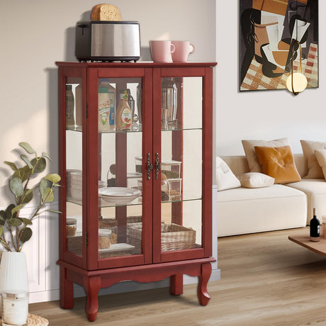 Firscook Curio Cabinet With Lighted Tall Leg Glass Door, Antique Display With Mirrored Back Panel, Vintage Lighted Accent Corner China for Living Room (Cherry) Firscook
