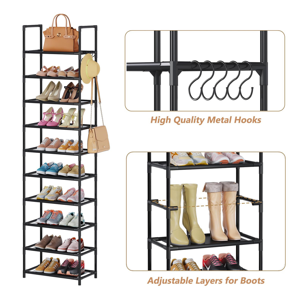 WOKKOW Narrow Tall Shoe Rack Organizer for Closet Entryway 10 Tier Vertical Shoe Storage Shelf Holds 20-25 Pairs with Hooks WOKKOW
