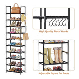 WOKKOW Narrow Tall Shoe Rack Organizer for Closet Entryway 10 Tier Vertical Shoe Storage Shelf Holds 20-25 Pairs with Hooks WOKKOW