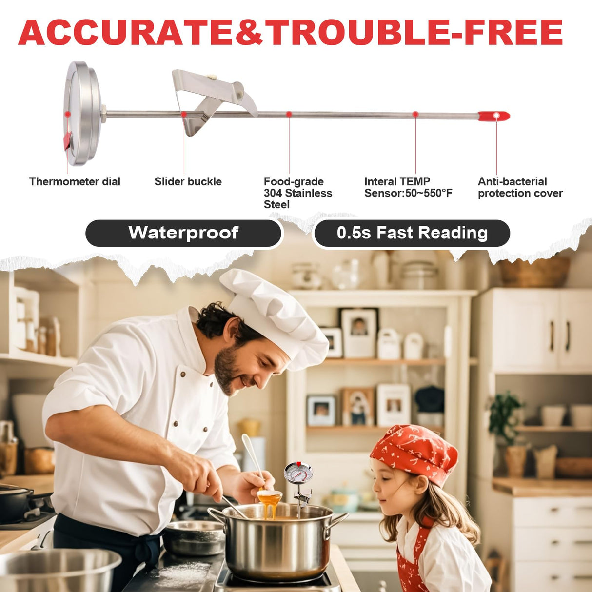 Telead Candy Thermometer Waterproof - Oil Thermometer for Frying with Clips - 9" Side of Pot Thermometer Deep Fry for Oil Candy Candle BBQ - Silver Telead