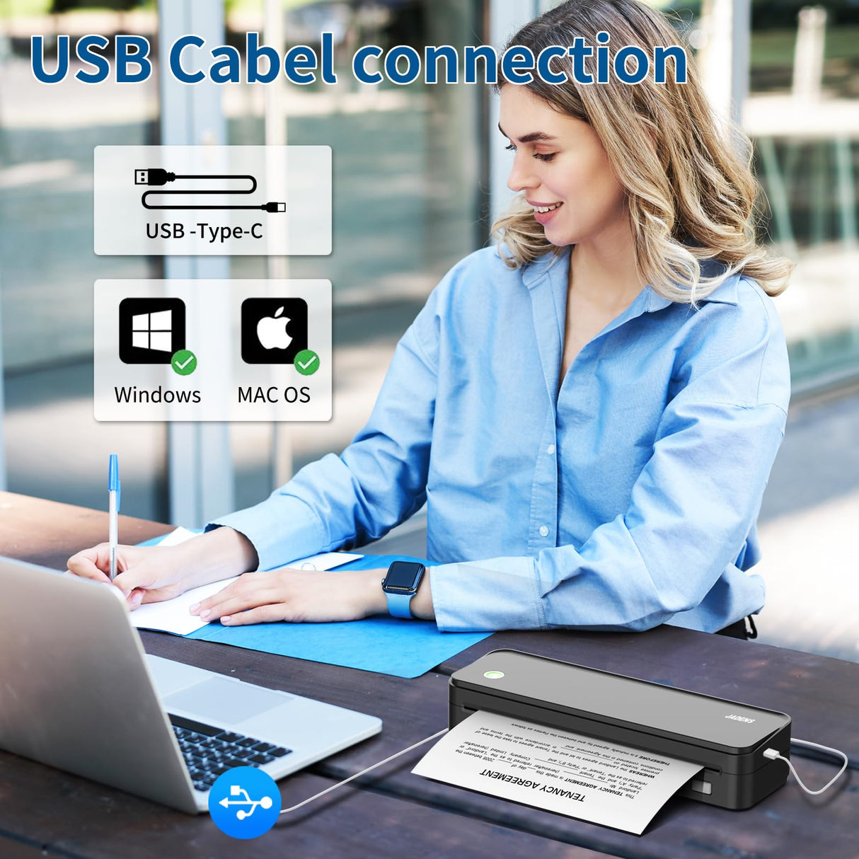 JADENS Wireless Portable Thermal Printer, 8.5''11'' Thermal Paper, 300DPI, Bluetooth, Inkless, Compatible with iOS, Android & Laptop JADENS