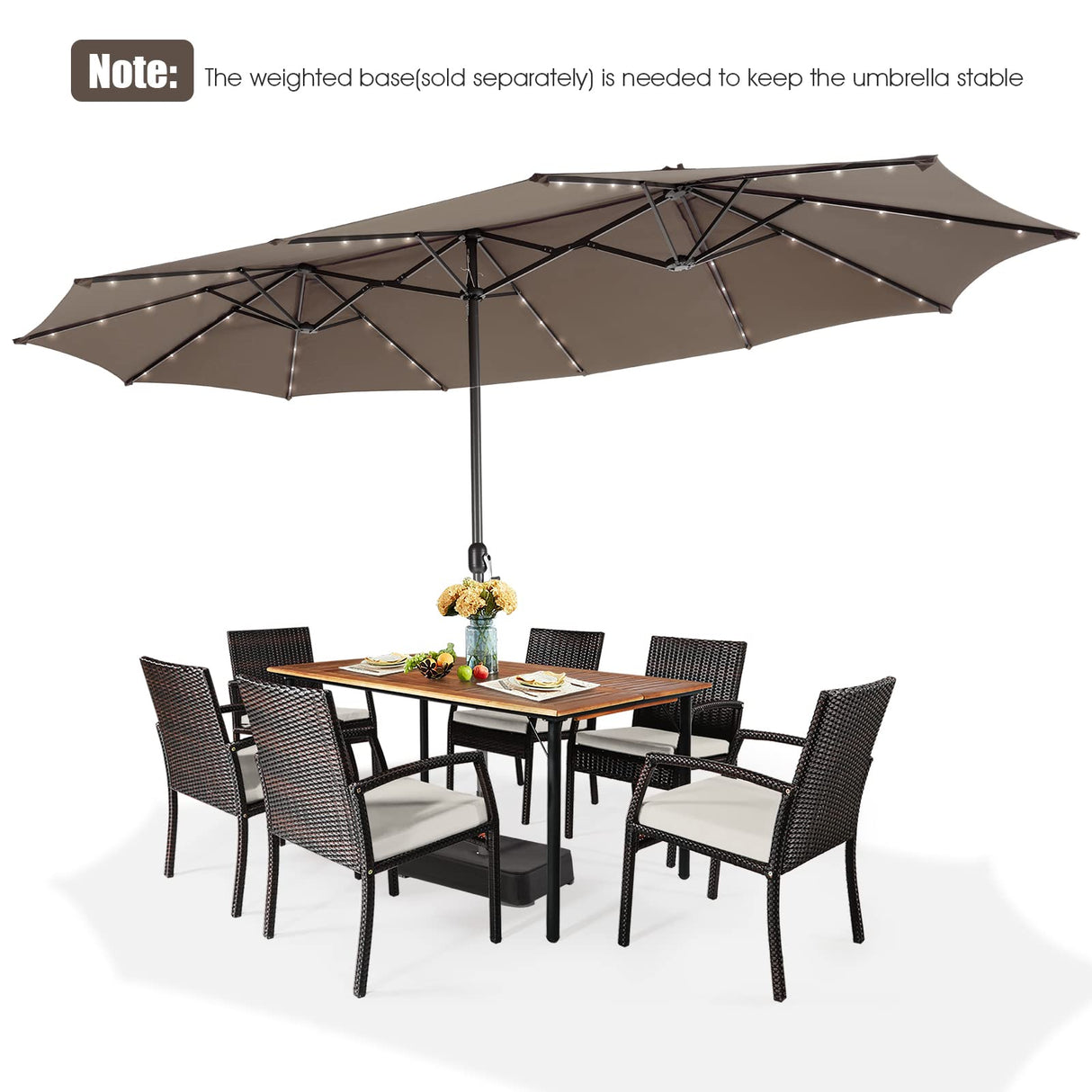 Giantex 15 FT Double Patio Umbrellas with 48 Solar LED Lights, Auto-Charging Panel, Crank System, Outdoor Extra-Large Rectangle Market Table Umbrella for Garden Deck Backyard Beach Pool (Coffee) Giantex