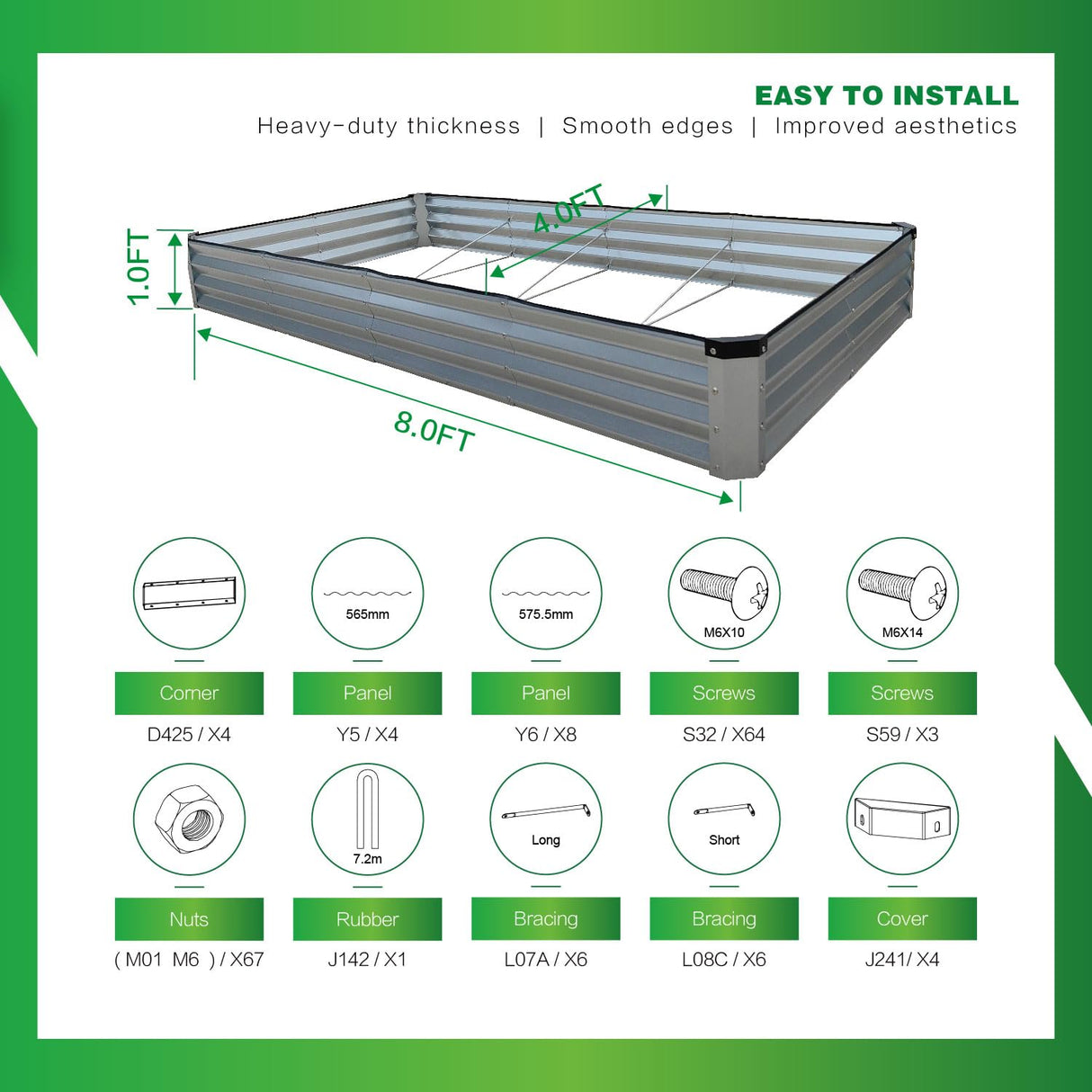 GARDMAX 8x4x1FT Galvanized Raised Garden Bed Kit, Metal Planter Boxes Outdoor with Easy Assembly, Large Garden Bed for Vegetables, Fruits, Flower, Herbs Rectangle Silver Generic