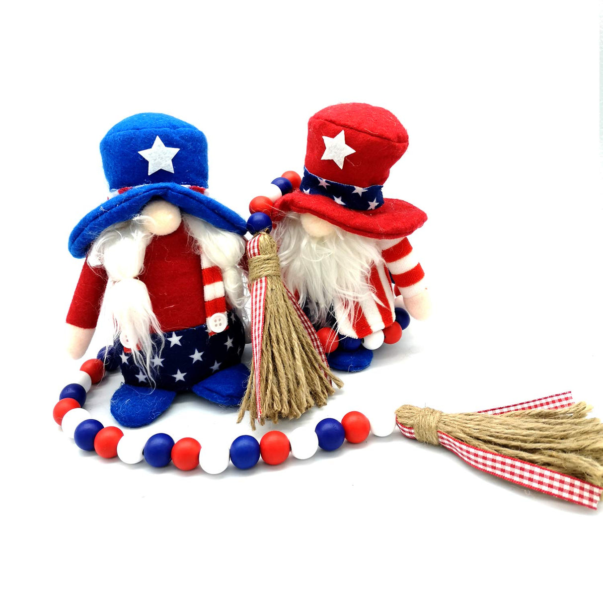 Wood Bead Garland with Rustic Tassels, Farmhouse Wall Hanging Prayer Beads Patriotic American Independence Day 4th of July Ornaments for Home Decor Medoore