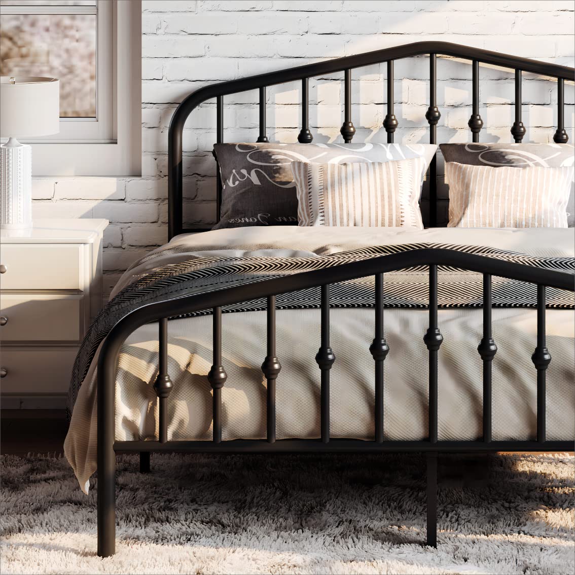 SHA CERLIN Victorian-Style Queen Metal Platform Bed Frame in Black - No Box Spring Required SHA CERLIN