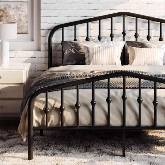 SHA CERLIN Victorian-Style Queen Metal Platform Bed Frame in Black - No Box Spring Required - WoodArtSupply