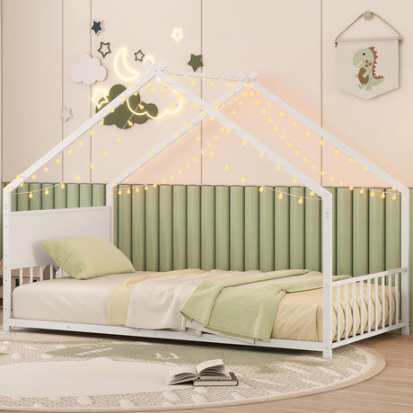 Twin Size Montessori Floor Bed with RGB LED Light, Twin Size House Floor Bed with High Headboard and Footboard, Twin Floor Bed with Slats, Twin Floor Bed for Kids(Twin White) Bellemave
