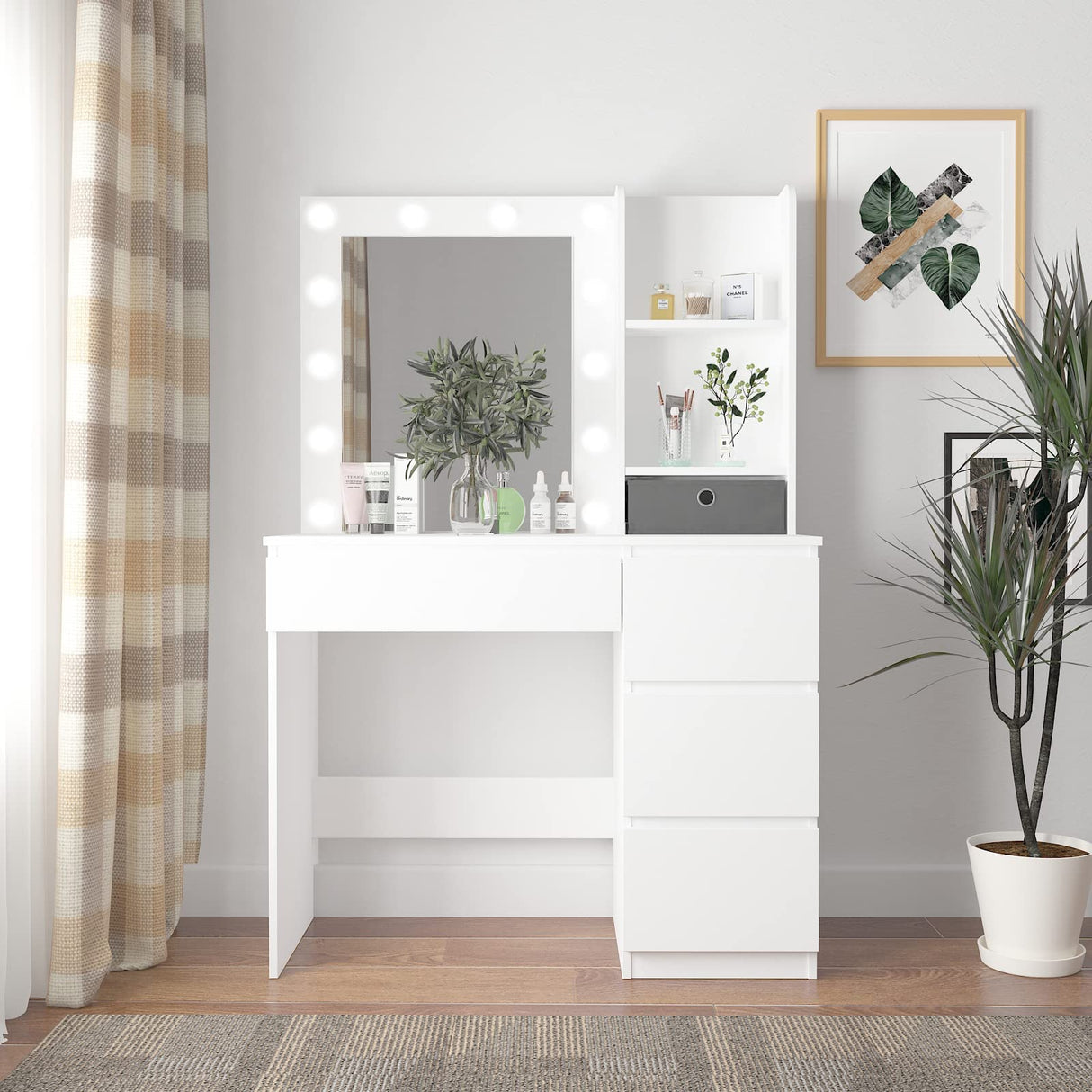 Vabches Makeup Vanity with Lights, 37inch Vanity Desk, 4 Large Drawers Dresser with Lighted Mirror, 3 Lighting Modes Brightness Adjustable, White Vabches