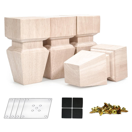 CRAPAPFERT 5 Inch Wooden Furniture Legs, Set of 4 Replacement Solid Wood Unfinished Square Furniture Bun Feet for Couch Chair Sofa Dresser Desk Table Cabinet Bed Bookcase (with mounting parts) CRAPAPFERT