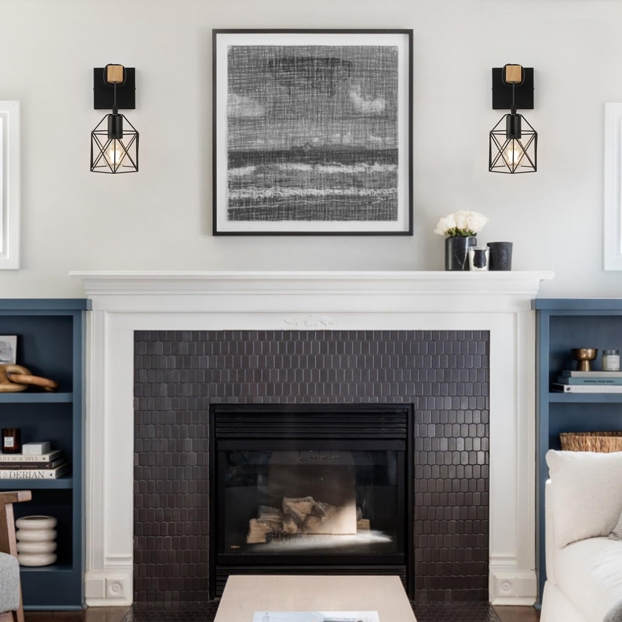 foucasal Wall Sconces Set of 2, Farmhouse Wall Mount Lighting, Black Vanity Lights Fixture for Bathroom with Metal Cage Shade, Wood Rustic Wall Lamp for Hallway, Living Room, Mirror, Bedroom foucasal