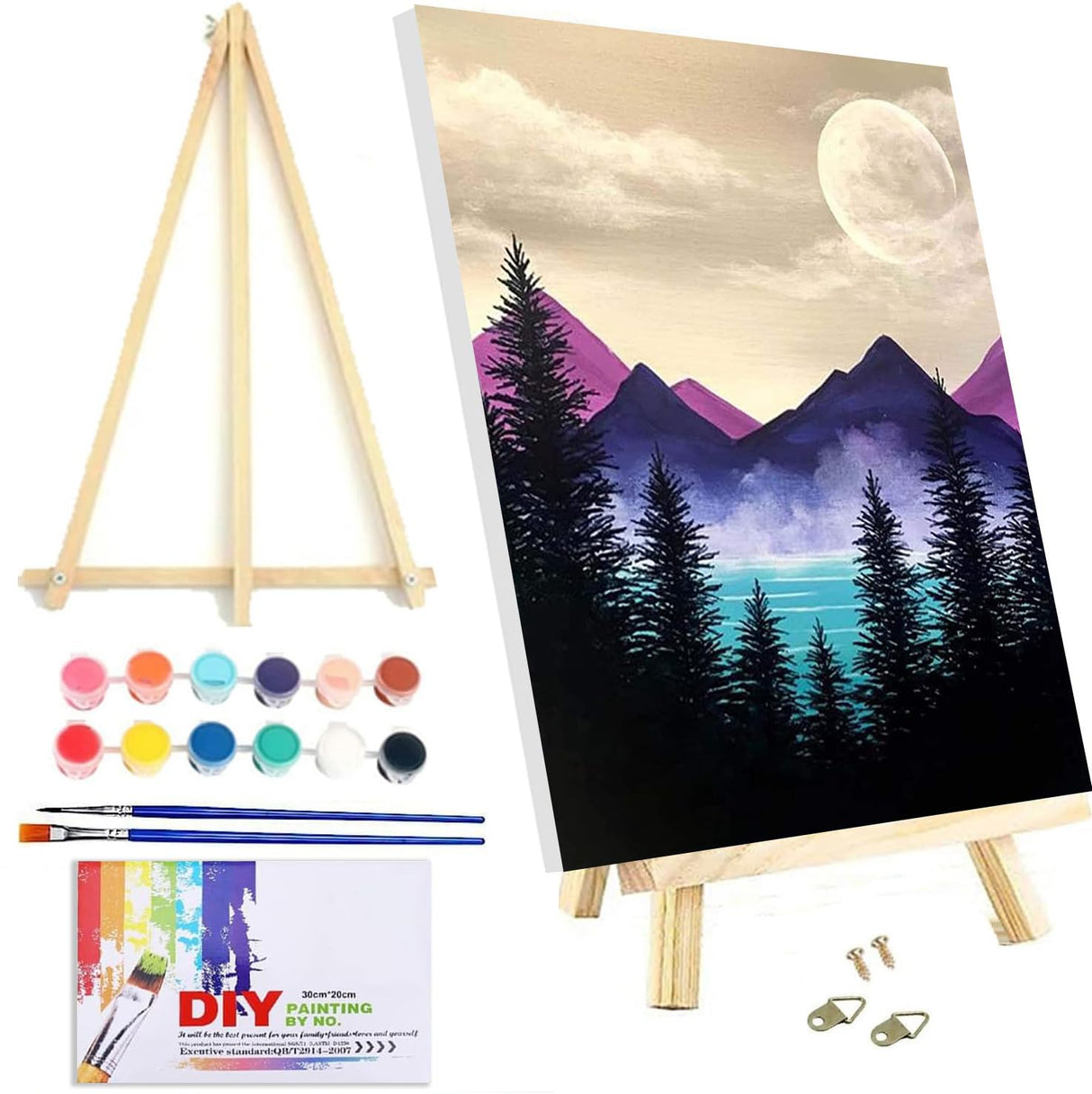 VIGEGU Paint by Numbers Kit for Adults Beginner with Framed Canvas - with Wooden Easel,Mountain Moon Tree DIY Oil Painting, with Acrylic Paints Brushes Nice Gift Box 7.8x11.8in VIGEGU